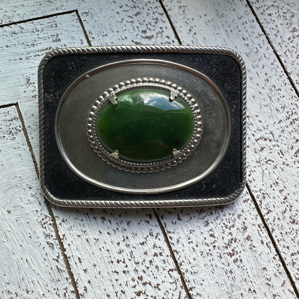 Silver Green Jade Black Belt Buckle Western Modern
